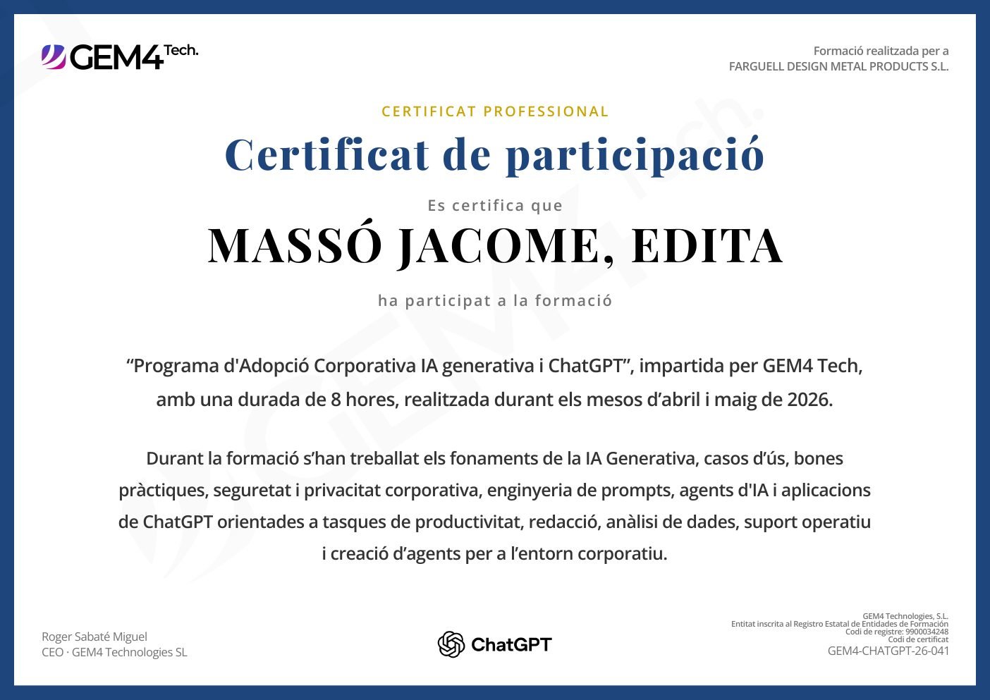 Certificat de participació de Edita Massó Jacome