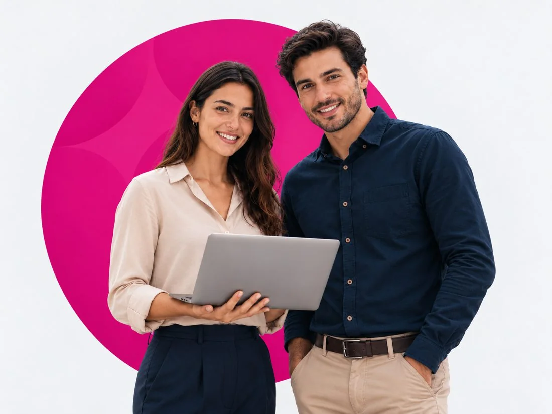 Dos profesionales de GEM4 Tech con un portátil, sonriendo
